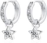 Silver Hoop Earrings for Women, 925 Sterling Silver Star Huggie Earrings for Girls Kids, Drop Earrings with Green Fuchsia Pink Purple Sapphire Zircon, 12mm Small Hypoallergenic Sleeper Earrings