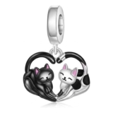 Silver Two Cats Heart Charm Pendant for Bracelet and Necklace