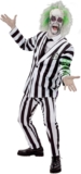 Smiffys Beetlejuice Adult Costume with Shirt Dress Collar Mock Tie and Cuffs Black and White Stripes Purple Zip Up Front Official Warner Brothers Licensed Halloween Costume