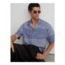 Solstice Striped Cuban-Collar Shirt with Cotton in Bright Blue