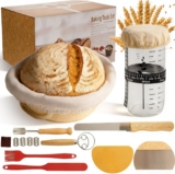 Sourdough Starter Kit 11-Pcs Bread Making Set with Bread Knife, 9 Banneton Basket with Liner, Glass Starter Jar, Dough Whisk & Scrapers for Beginner Bakers
