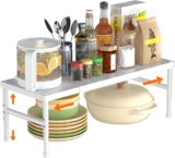 Spice Rack kitchen Cupboard Shelf Organiser, Expandable Kitchen Shelf Organiser, Adjustable height, suitable for kitchen, cabinet, study, bathroom (White)