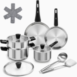 Stainless Steel Pan Set, 14-Piece Tri-Ply Base Induction Pots and Pans Set Including Saucepans, Frying Pans, Stockpot, Steamer, Utensil Sets, Pot Protectors for Oven & Dishwasher Safe