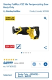 Stanley FatMax V20 18V Reciprocating Saw (Body Only) WAS 89.99 -22% discount
