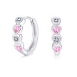 Sterling Silver Hoop Huggie Earrings, Pink Heart Zirconia, Lightweight Hypoallergenic