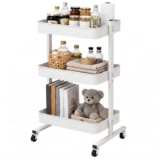 Storage Trolley on Wheels, 3 Tier Trolley for Living Room Kitchen Laundry, Metal Craft Trolley for Book,Veg,Snack,White. Black also