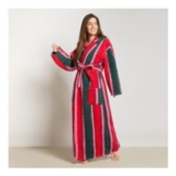 Stripe Teddy Fleece Floor Length Dressing Gown – Green/Red