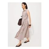 Studio Edit Cream Striped Sleeveless Midi Shirt Dress