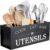 Suli Upgrade Extra Large Kitchen Utensils Holder with 4 Compartments, Wooden Utensil Organizer for Kitchen Countertop, Farmhouse Decor, Rustic Cooking Utensil – Black