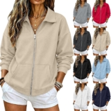 Sweatshirts For Women Uk Full Zip Fashion Turndown Collar Ladies Sweatshirts Without Hood Plus Size Baggy Long Sleeved Casual Jacket Solid Color Warm Soft Comfortable Cardigan Top With Pockets