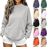 Sweatshirts For Women Uk Oversized Long Sleeve Kangaroo Pocket Jumpers Pull Over Mock Neck Warm Baggy Outdoor Travelling Basic Tunic Tops Without Hood Versatile Plain Casual Clothes