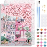 TLIOBLO Pink Landscape Paint by Numbers Kits with Frame for Adults Beginners, DIY Cherry Blossom Tree Painting by Numbers on Canvas for Home Wall Decor Gifts 20x30cm