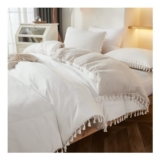 Tassel Duvet Cover Set, 3-Piece, White Beige, Reversible Microfiber