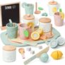 Tea Set Pretend Play Afternoon Tea Party Food Toys Lemonade Stand Supplies No Assembly Required Non-Toxic Wooden Tea Set Toys Lemonade Stand for Toddlers 3-5 Birthday Gift