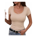 Terecey Lace Top, Scoop Neck, Ribbed Tee, Apricot