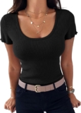 Terecey Womens Short Sleeve Tops Scoop Neck Ribbed Cotton Fitted T Shirt Short Sleeve Comfort, Stretchy Fit, Lightweight Touch, White Basic Look, Work Travel Leisure