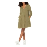 The Drop Womens Ruffle-Neck Tiered Mini Dress, Olive, M