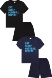 ThePyjamaFactory Eat Sleep Football Repeat Short Black Navy 2 Pack Boys Pyjamas PJs For Kids