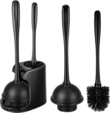 Toilet Plunger and Silicone Toilet Brush Set, Heavy Duty 2-in-1 Bathroom Cleaning Combo with Ventilated Holder, Space-Saving Toilet Brush and Plunger with Caddy Stand