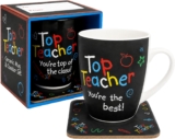 Topline Ceramic Mug & Coaster Set for Teachers Gifts – Top Teacher 11oz Colourful Mug & Coaster Gift Box for School Leavers, End-of-Term Gifts for Teacher