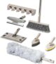 Tower Cavaletto 8 Piece Cleaning & Storage Set with Three Part Handle, Flat Mop Head, Broom Head, Microfibre Duster, Window, Tile, Scrubbing & Wall Holder, Latte