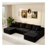 U-Shaped Sofa with Chaise, Convertible Modular Sectional, Deep Corduroy, Black