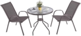 URBNLIVING 3 Piece Garden Bistro Set Round Glass Top Table & 2 Textilene Chairs Outdoor Patio Balcony Furniture Weather Resistant Metal Seating – Brown