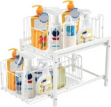 Under Sink Storage 2-Tier Pull-Out Sliding Basket, Cupboard Storage Organiser, Detachable Metal Organizer for Kitchen & Bathroom Cupboard, Space-Saving Storage Solution (White)