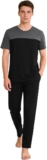 Uniexcosm Mens Cotton Pyjama Set, Short Sleeve Top and Trousers Soft cotton-blend pyjamas with stretch, colour-block top, chest pocket and full-length trousers for sleep and lounging.