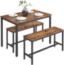 VASAGLE Dining Table with 2 Benches, 3 Piece Set, Kitchen Table of 70 x 110 x 75 cm, 2 Benches of 30 x 97 x 50 cm Each, Steel Frame, Industrial Design, Rustic Brown and Black KDT070B01