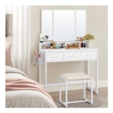 VASAGLE Dressing Table with Padded Stool, Triple Mirror, 3 Drawers