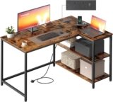 VASAGLE L Shaped Corner Desk, Computer Gaming Desk with Storage, Reversible Height-Adjustable Shelves, for Home Office, with Power Outlets 2 USB Ports, 110 x 80 cm, Rustic Brown LWD131KD02