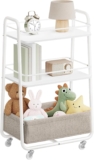 VASAGLE LILEA Collection – Storage Trolley with Fabric Basket, 3-Tier Rolling Trolley on Wheels, with Shelves, for Living Room, Bedroom, Kitchen, Cloud White and Camel Brown LRC001WB01