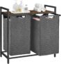 VASAGLE Laundry Basket, 2-Compartment Laundry Hamper, Pull-Out and Removable Liner Bags, Clothes Sorter, Shelf, Metal Frame, 2 x 46 L, 73 x 33 x 72 cm, Slate Grey and Rustic Brown BLH201G01