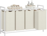 VASAGLE Laundry Basket, 4-Compartment Laundry Hamper, Pull-Out and Removable Liner Bags, Clothes Sorter, Shelf, Metal Frame, 4 x 40 L, 116 x 33 x 72 cm, Cream White and Matte White BLH401W01
