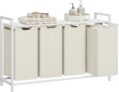 VASAGLE Laundry Basket, 4-Compartment Laundry Hamper, Pull-Out and Removable Liner Bags, Clothes Sorter, Shelf, Metal Frame, 4 x 40 L, 116 x 33 x 72 cm, Cream White and Matte White BLH401W01