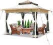 VOUNOT 3.6m x 3.6m Pop Up Gazebo with Mesh Sides, Garden Double Roof Marquee Party Tent with Leg Weights & Roller Bag, Beige