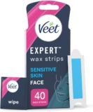 Veet Expert Facial Wax Strips for Women, 40 Count 4 Finish Wipes, Sensitive Skin Remover with Almond Oil, Dermatologically Tested, Effective Face Solution