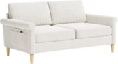 Vesgantti Velvet 2 Seater Sofa, 164cm Loveseat Sofa, Tool-free Assembly Upholstered Couch with Bilateral Pocket Storage Perfect for Living Room, Bedroom, Office, Apartment, 164L76D85Hcm, Cream