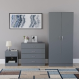 Vida Designs Riano 3 Piece Bedroom Furniture Set – 1 Drawer Bedside Chest, 4 Drawer Chest, 2 Door Wardrobe – Grey