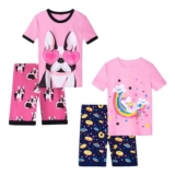 Vopawetty Girls Pyjamas Set, 4-Piece Cotton, Pink Unicorn, Size 5Y