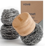 Vove Magnetic Scourer Rust-Free Stainless Steel Scrubber with FSC-Certified Bamboo Handle, 3 Replacement Pads, for Cast Iron, Pots & Pans, Plastic-Free Zero Waste Washing Up Tool