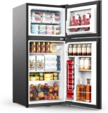 WELLENT 127L Fridge with Freezer, Double Door Compact Fridge with LED Light, 7-Stage Thermostat, 4 Glass Shelves, 43dB Ultra-Quiet Energy Efficient for Dorm, Office and Bedroom, Black