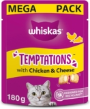 WHISKAS Temptations – Tasty, Crunchy Treats for Adult Cats, Small Bite Size Snacks with a Delicious Chicken and Cheese Filling, 4 x 180 g Packets – Pack May Vary
