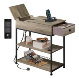 WLIVE 3-Tier Side Table with Charging Station, Fabric-Drawer, Grey Oak