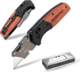 WORKPRO Folding Utility Knife with Wooden Handle, Slide-Lock Box Cutter with Quick-Change Blade and Belt Clip