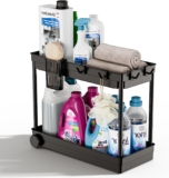 Waretary Under Sink Storage Kitchen Organiser, 2 Tier Slide Out Under Storage Box, Multi-Purpose Sink Cabinet Basket Organiser with 4 Hooks 1 Hanging Cup for Bathroom Kitchen(Black)