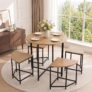 Warmiehomy Space Saving Round Table and Chairs Set 4, Modern Small Wooden Kitchen Dining Table and Chairs Set, 5pcs Dining Room Sets for Small Space, Apartment, Living Room