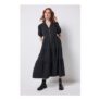 Washed Black Denim Zip Front Midi Tiered Dress