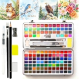Watercolour Paint Set 128 Colors in Portable Box, Include Metallic and Fluorescent Colors, Travel Set with Watercolour Brushes and Pencils, Ideal for Artist, Beginners and Painting Lovers